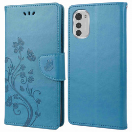 Bloemen Book Case - Motorola Moto E32 Hoesje - Blauw